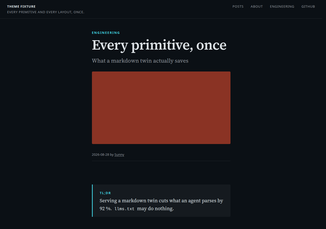 The editorial theme in its ink look: the same page on a cool near-black ground, headline in off-white, a cyan category label