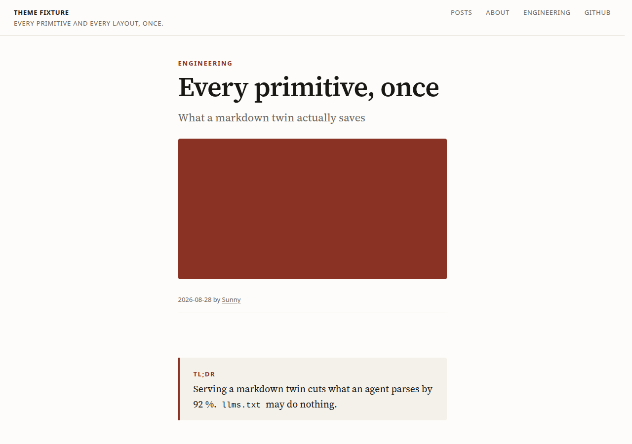The editorial theme in its paper look: a cream page, a serif headline in near-black, an oxblood category label, a wide cover block, and a TL;DR panel with an oxblood rule