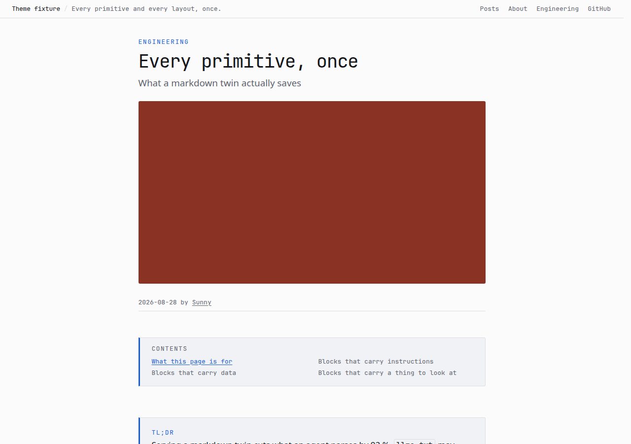 The technical theme in its graphite look: a light neutral page with a monospaced headline, a blue category label, a slash-separated masthead and a Contents panel listing the page's headings