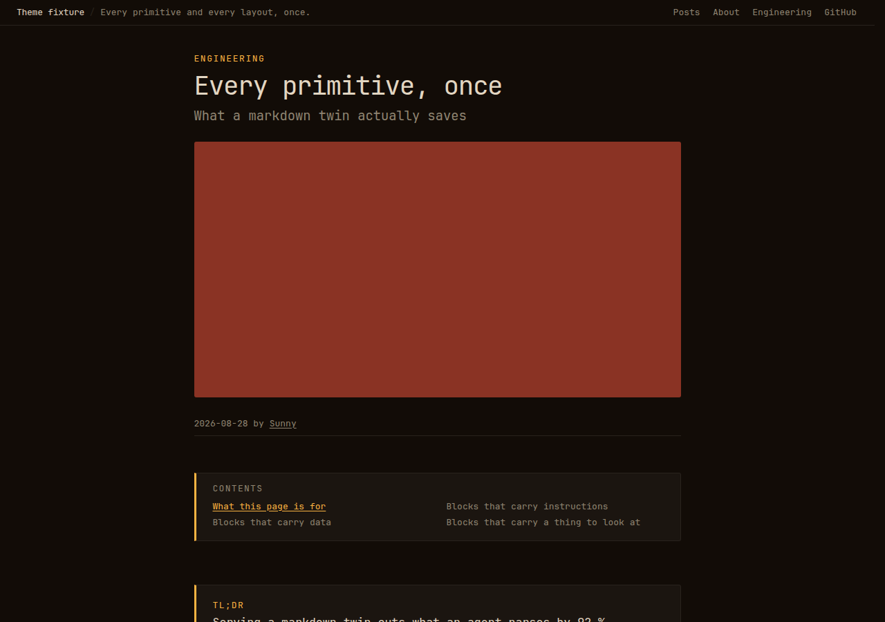 The technical theme in its phosphor look: amber monospaced text on a near-black ground, the terminal it is named for